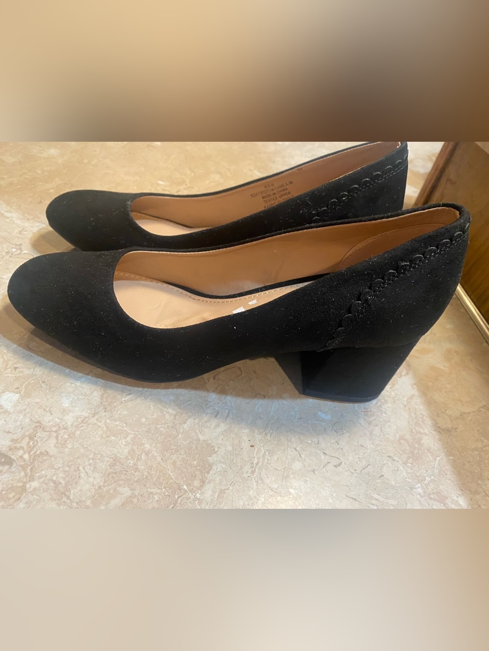 Mi Amore Black Faux Suede Block Heels with Tan Insole